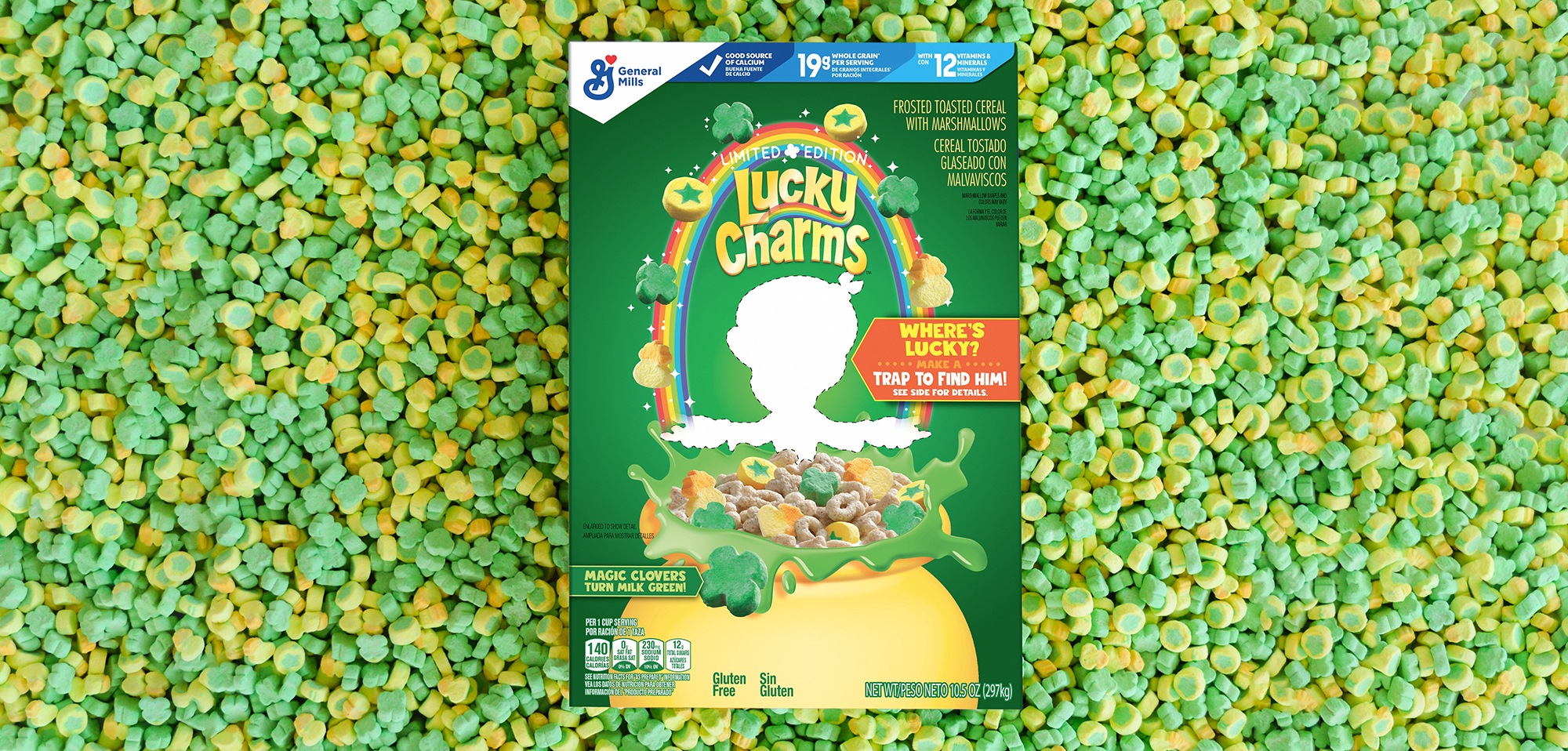 Box of Lucky Charms with missing Lucky the Leprechaun