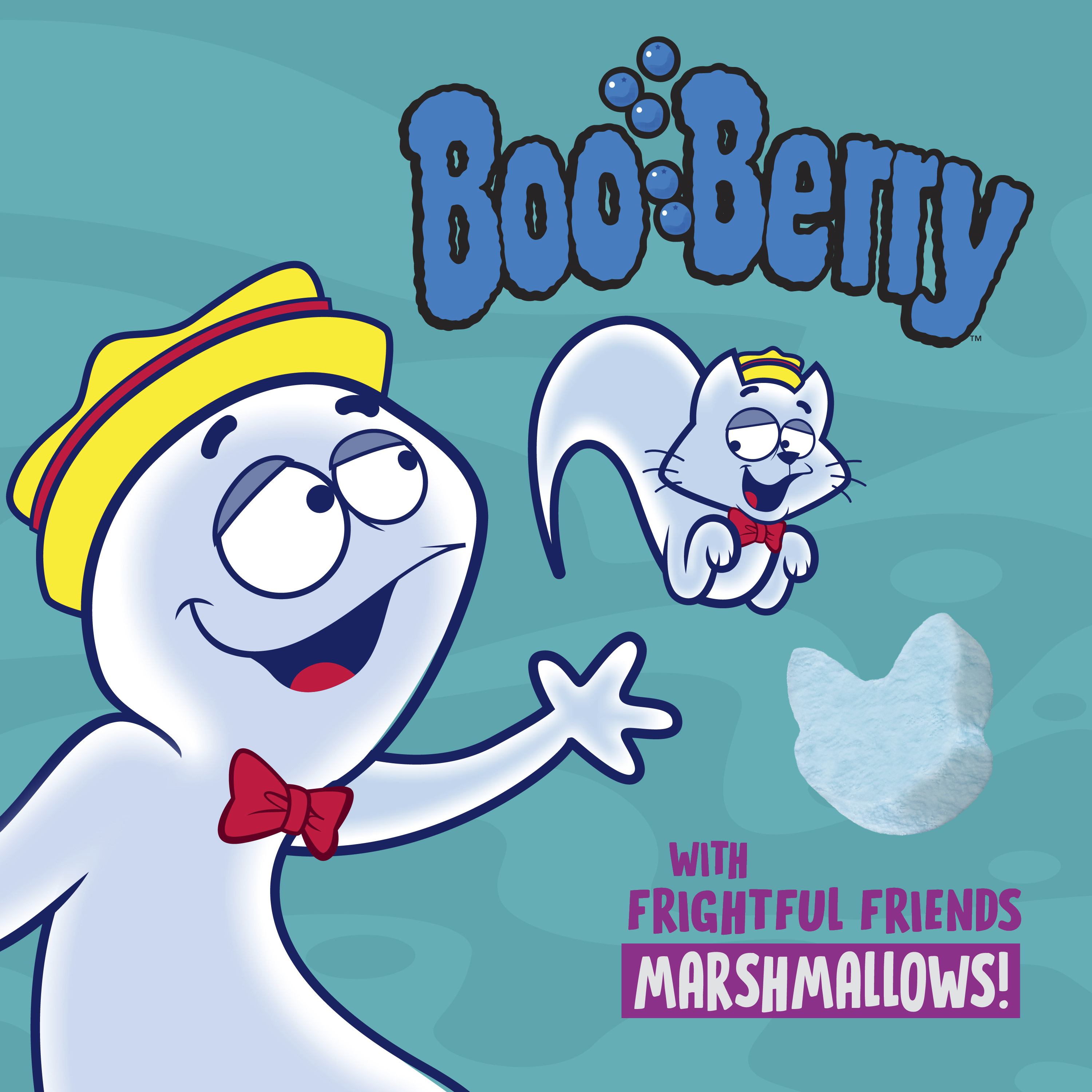 Boo Berry excitedly presenting his pet Meow Berry the Cat alongside a cat-shaped marshmallow. The image reads "with Frightful Friends Marshmallows!" set against a blue two-toned background.